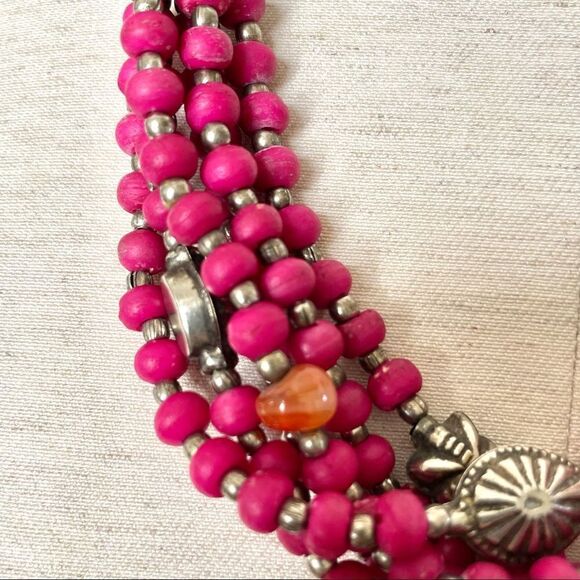 Silver tone pink beaded with carnelian 6 strand statement necklace - Picture 7 of 15